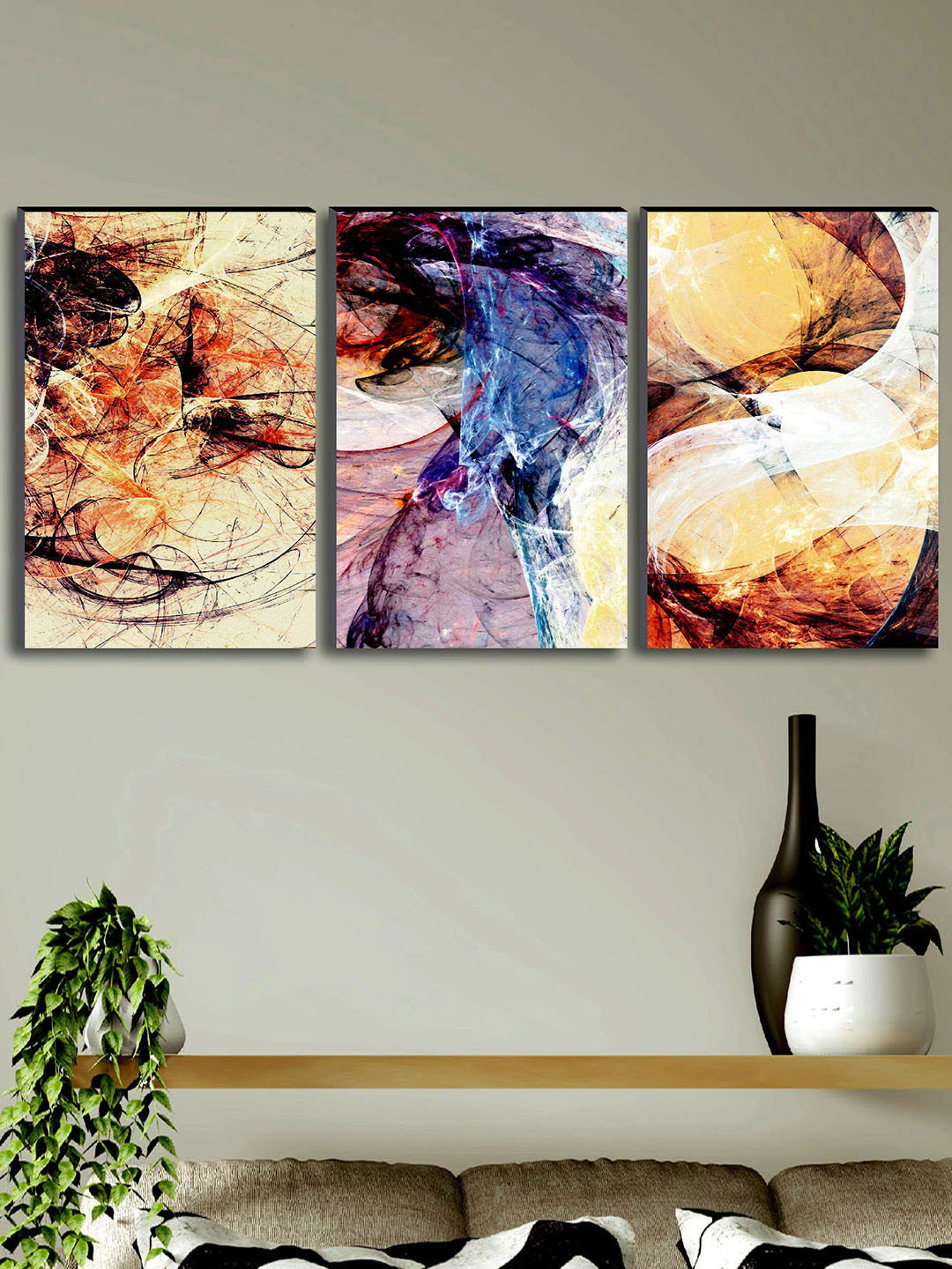 SAF Beige MDF 3 Pcs Wall Living Room Rectangle Potrait Paintings Wall Art -17.72 x 35.83In