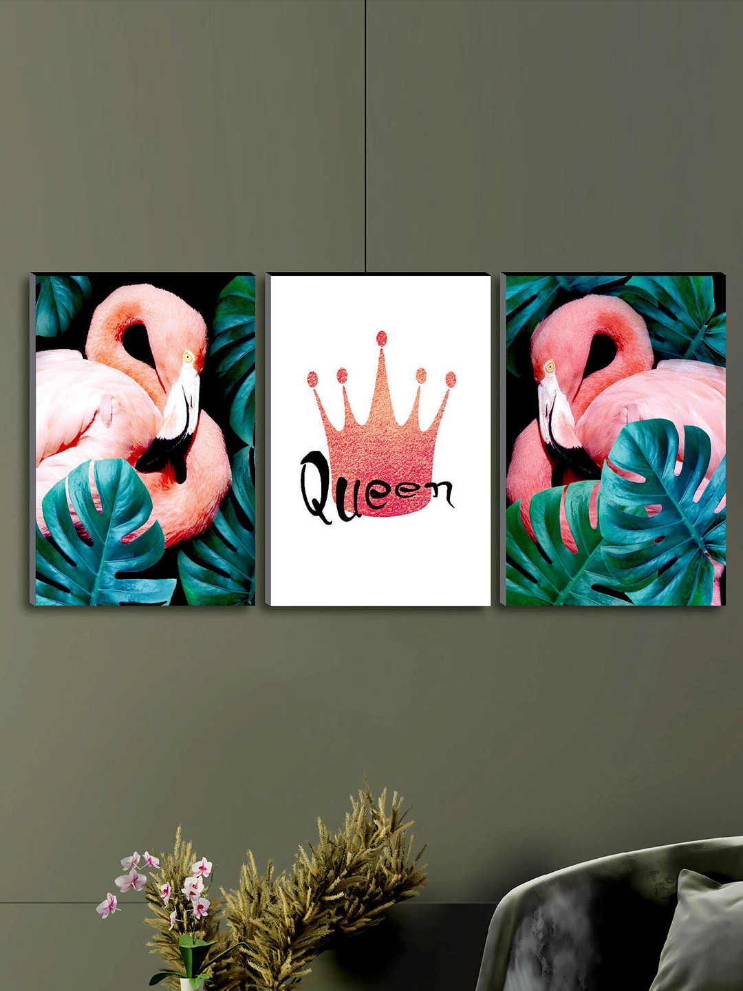 SAF Set of 3 Pink & Green Modern Art Large Panel UV Textured Wall Painting