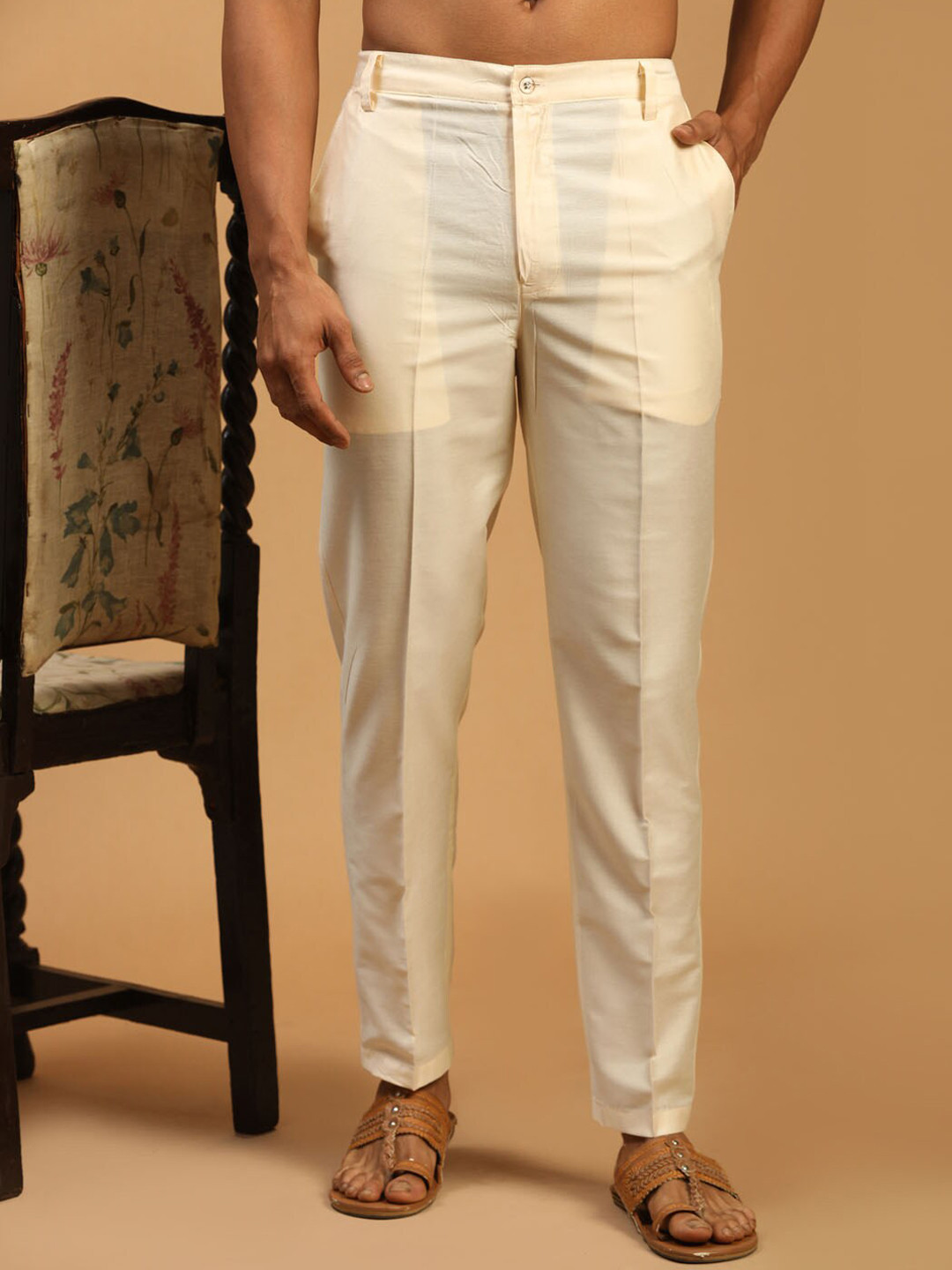 VASTRAMAY Men Cream-Colored Relaxed Fit Trousers