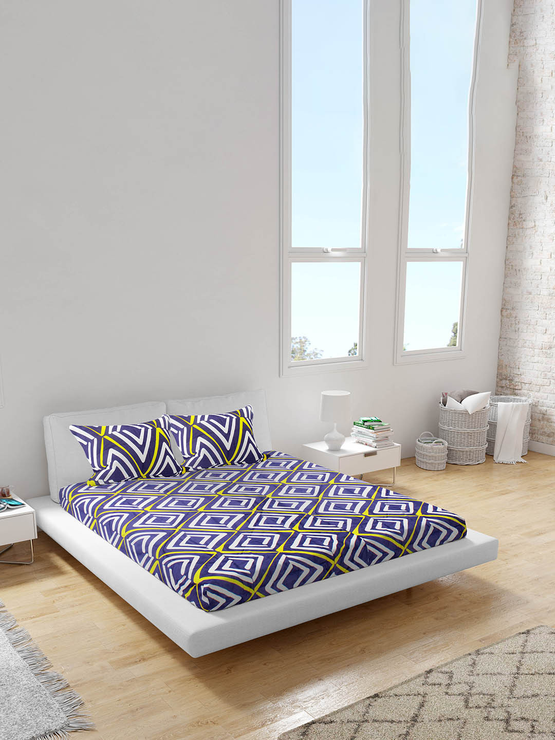 AAZEEM Rhmous Blue & Yellow Printed Double Queen  Bedding Set