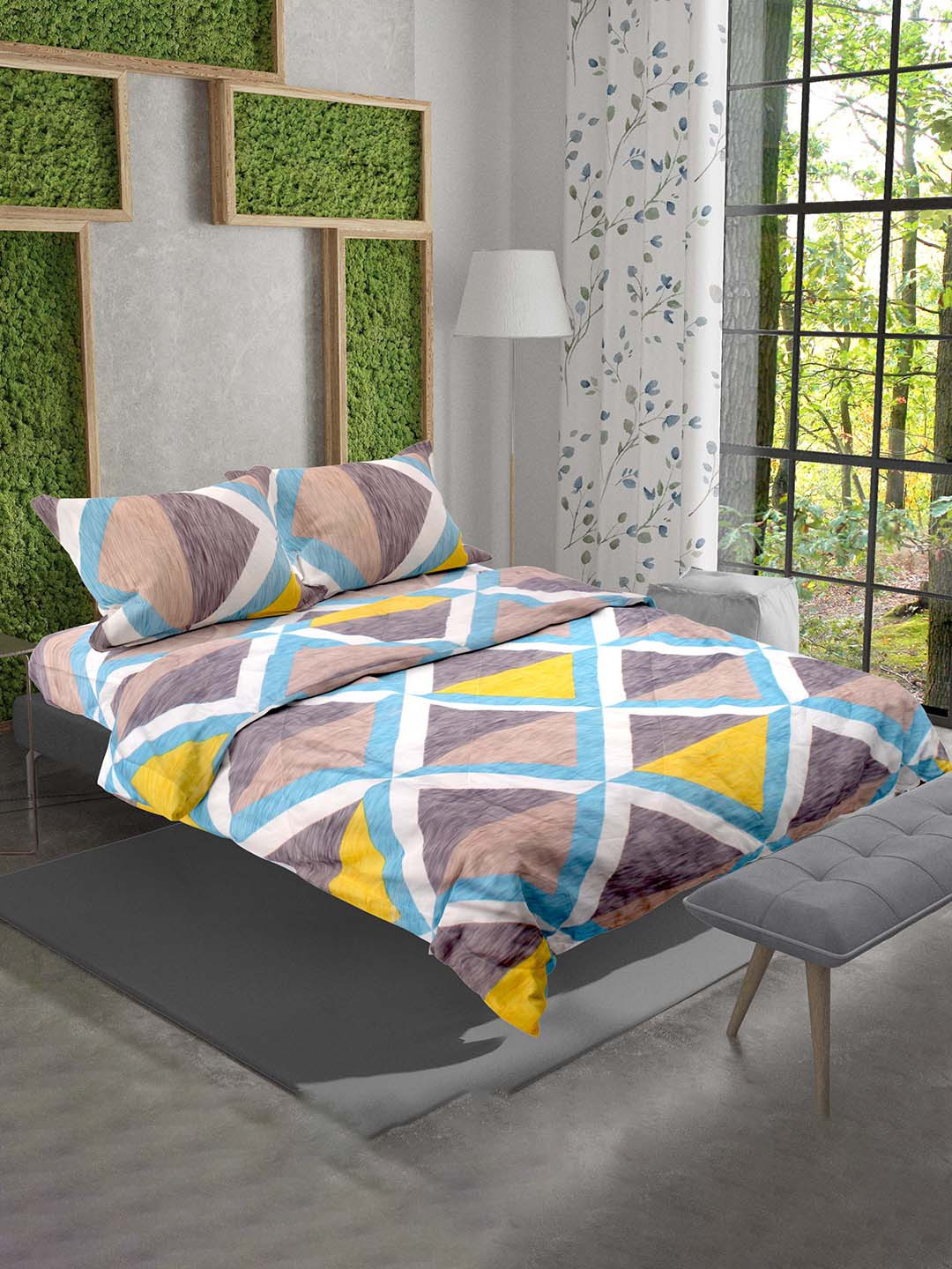 AAZEEM Grey & Blue Geometric Printed Double Queen Bedding Set