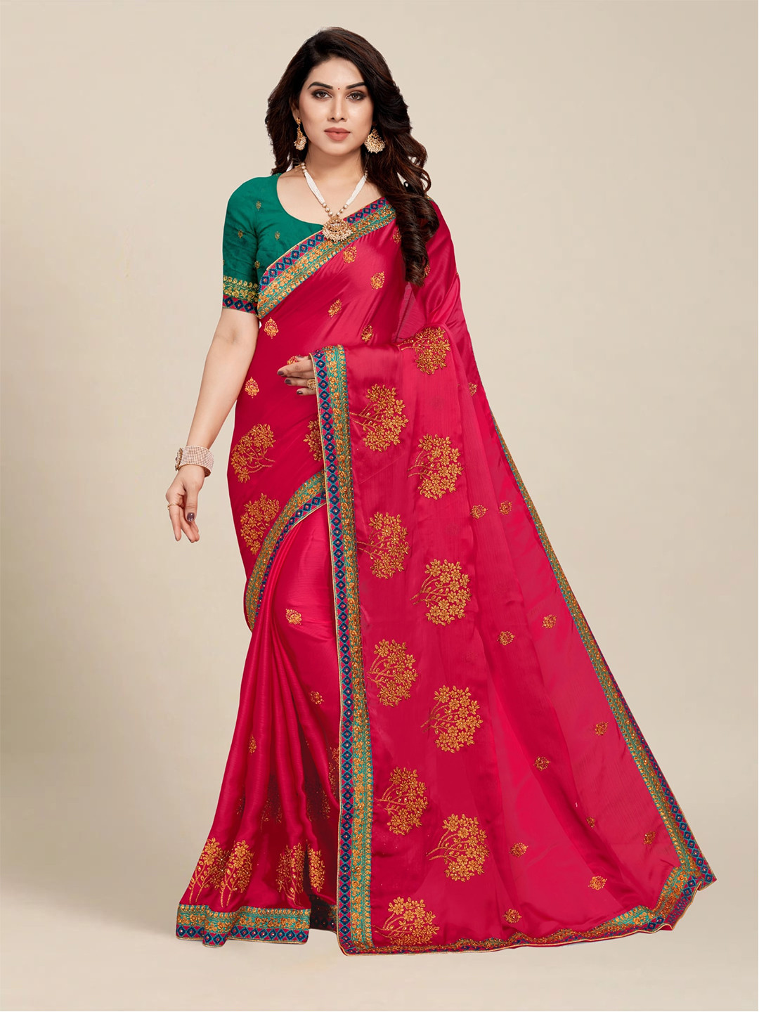 MS RETAIL Magenta & Green Floral Embroidered Silk Blend Saree