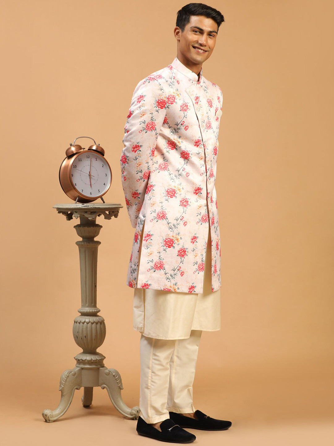 VASTRAMAY Men Peach and Cream-colored Kurta & Pyjamas with Printed Sherwani