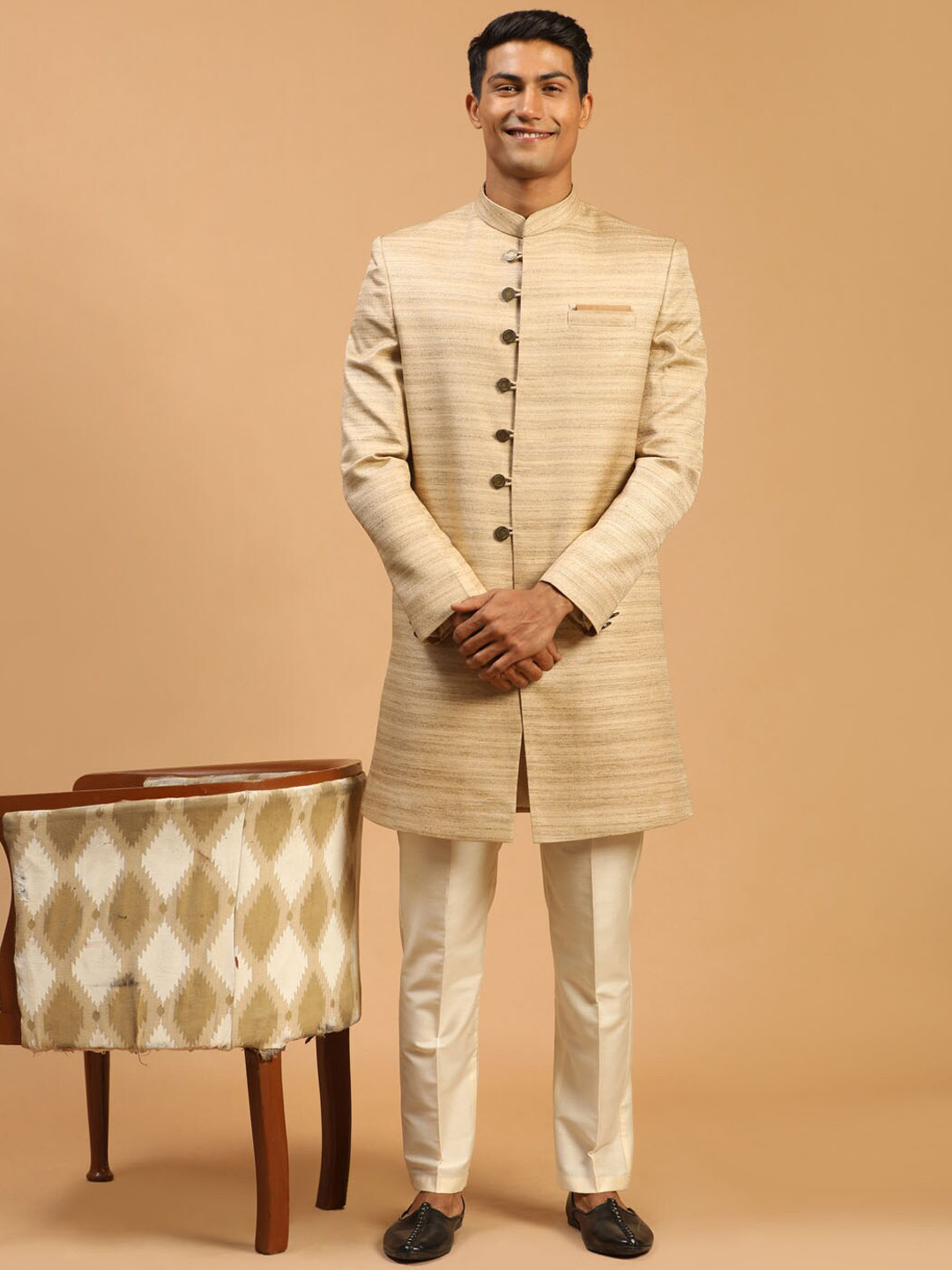 VASTRAMAY Men Beige & Cream-colored Textured Sherwani Set