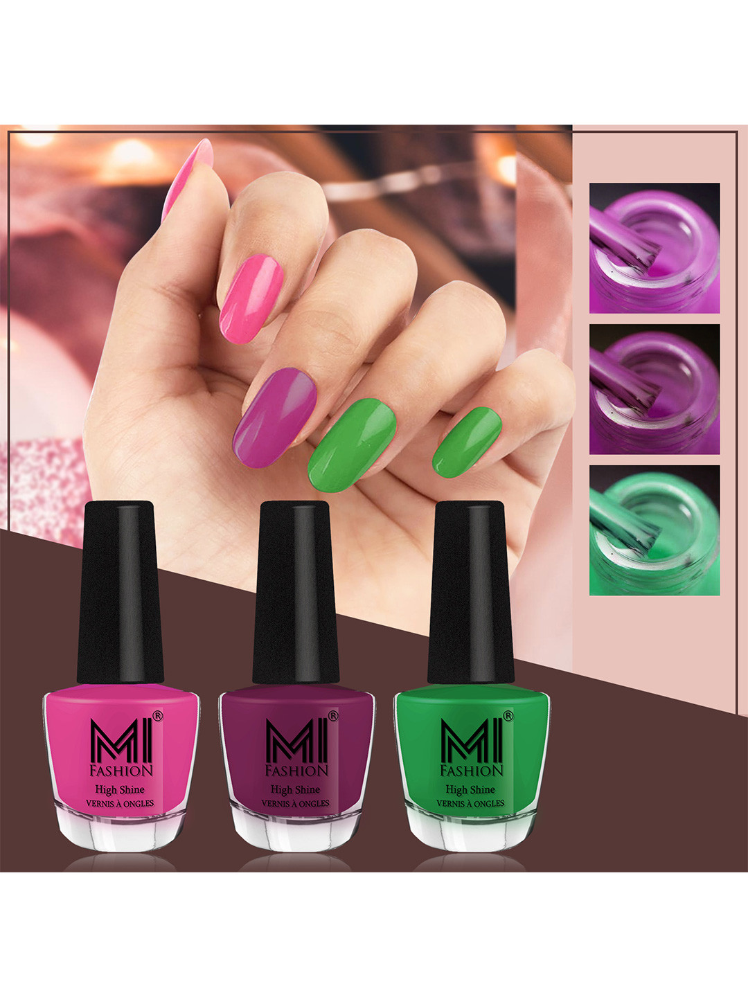 MI FASHION Vernis A Ongles Bang On Shine Pack Of 3 Nail Polish 12ml each - Bright Plum, Dark Purple, Grass Green
