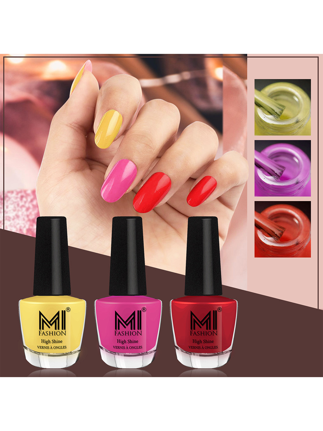 MI FASHION Vernis A Ongles Bang On Shine Pack Of 3 Nail Polish 12ml each -Yellow 29, Bright Plum 32, Reddish Maroon 42
