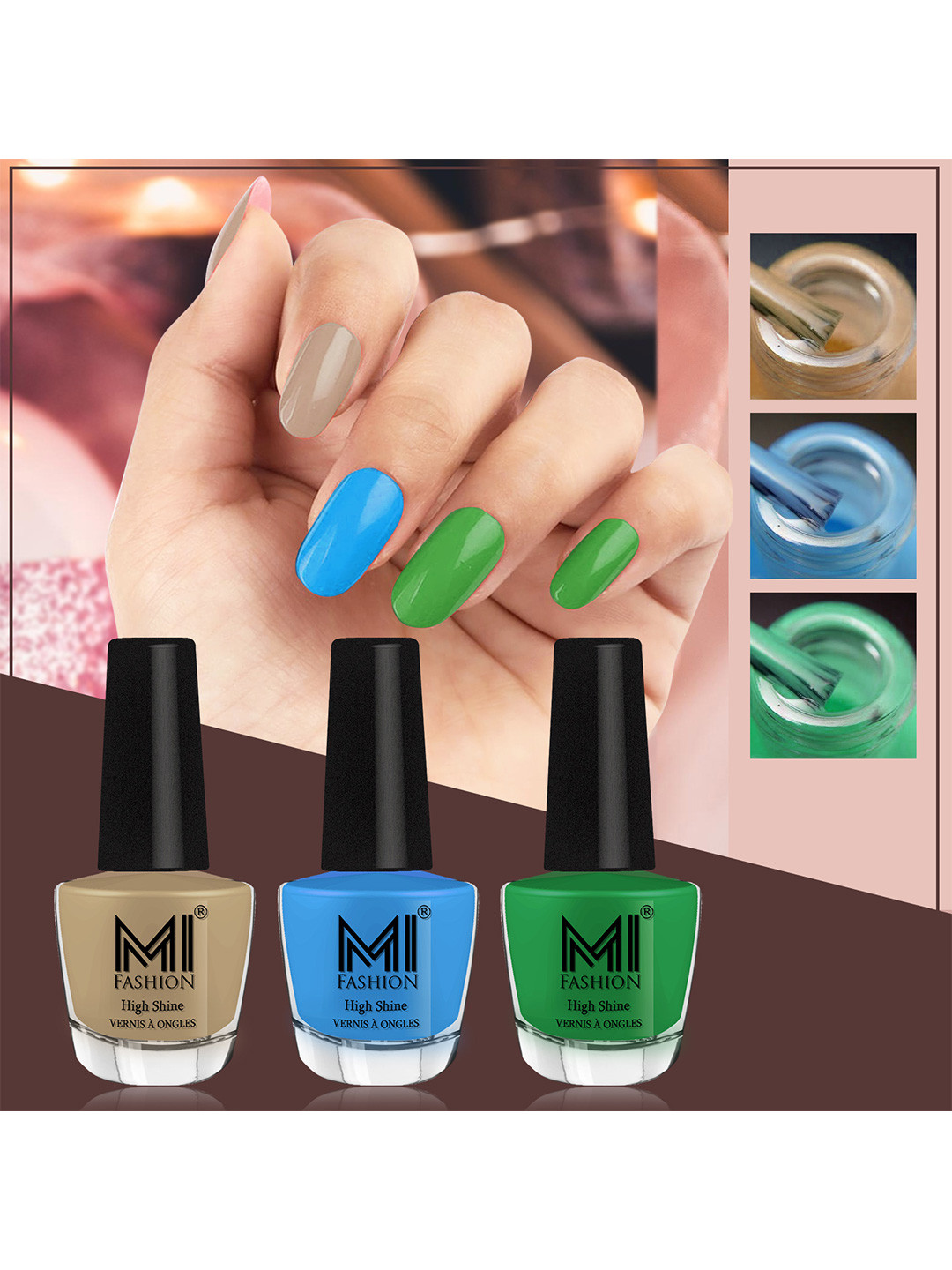 MI FASHION Vernis A Ongles Bang On Shine Pack Of 3 Nail Polish 12ml each - Nude, Ocean Blue, Grass Green