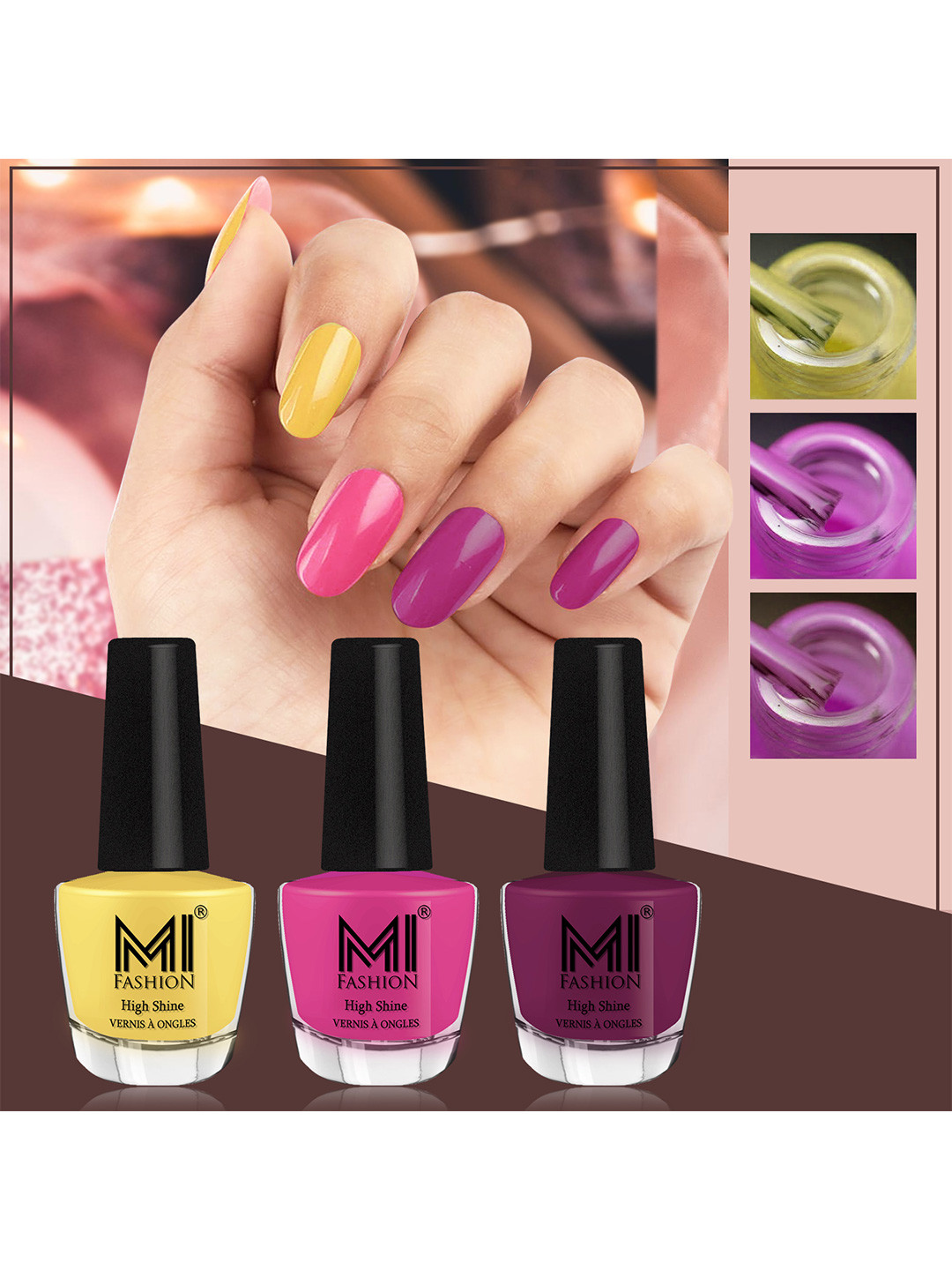MI FASHION Vernis A Ongles Bang On Shine Pack Of 3 Nail Polish 12ml each -Yellow, Bright Plum, Dark Purple