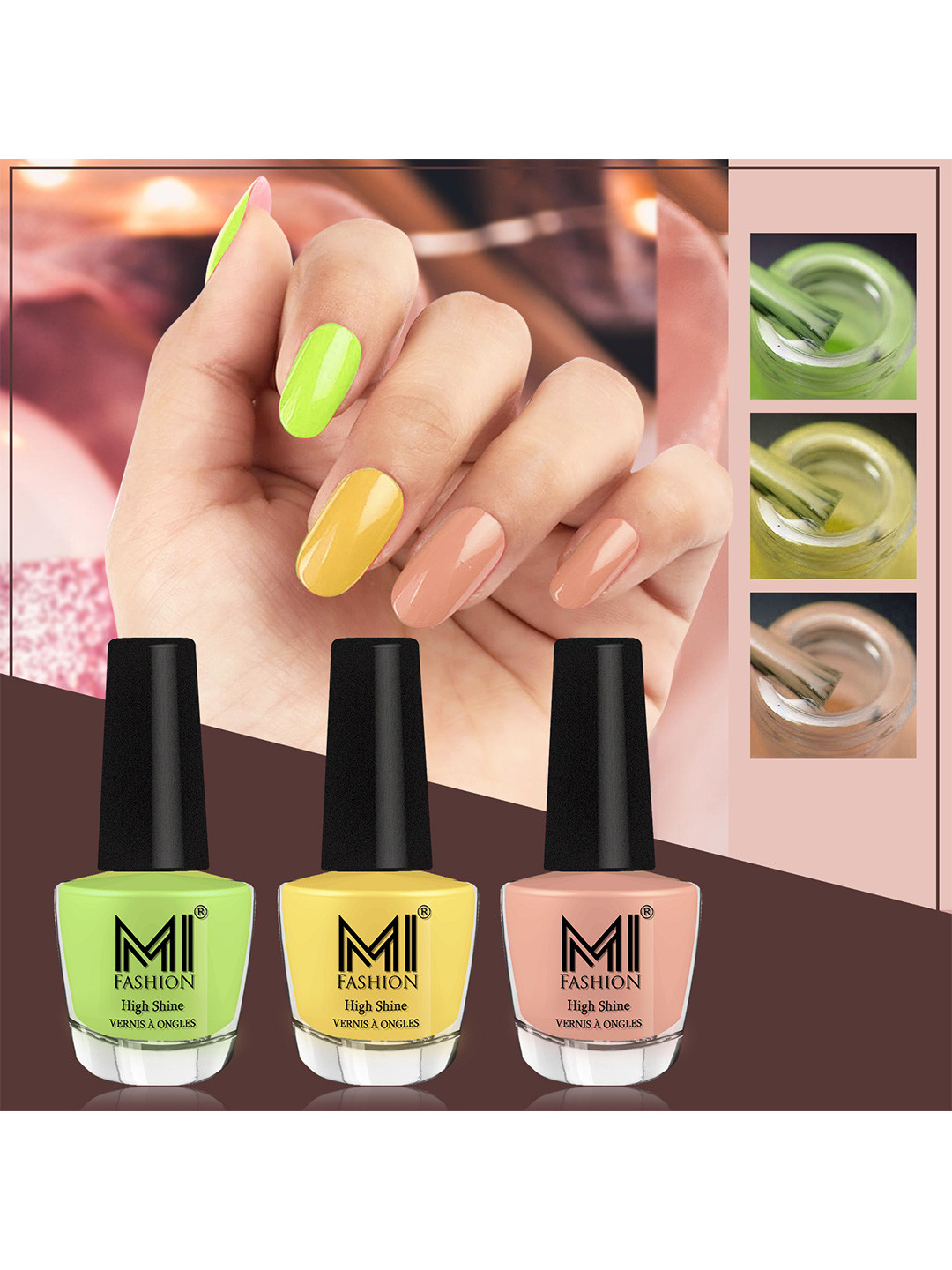 MI FASHION Vernis A Ongles Bang On Shine Pack Of 3 Nail Polish 12ml each - Parrot Green 28, Yellow 29, Nude 65