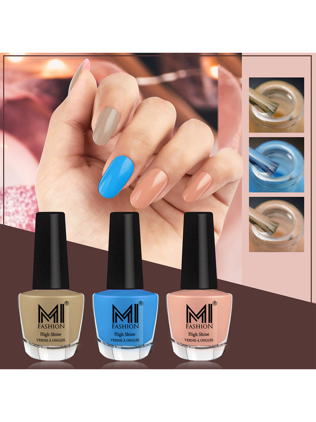 MI FASHION Vernis A Ongles Bang On Shine Pack Of 3 Nail Polish 12ml each - Nude, Ocean Blue, Sweet Nude