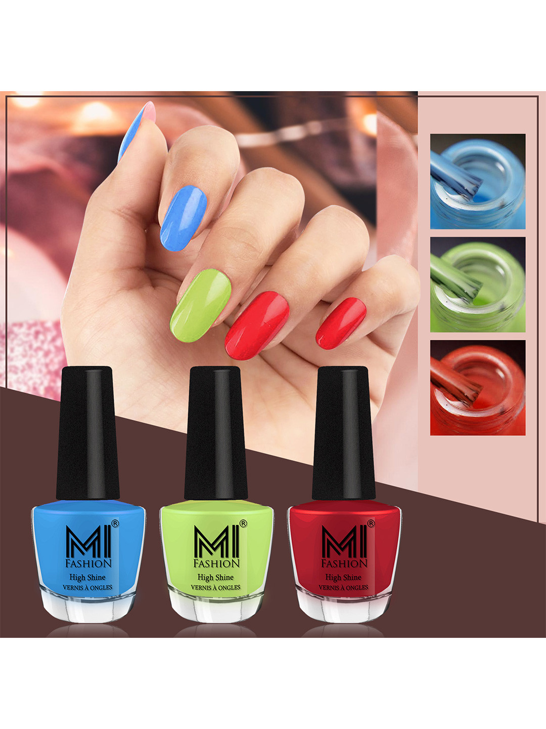 MI FASHION Vernis A Ongles Bang On Shine Pack Of 3 Nail Polish 12ml each - Ocean Blue, Parrot Green, Reddish Maroon
