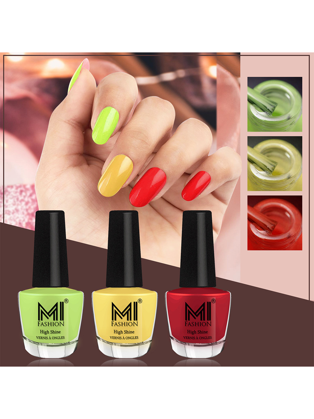 MI FASHION Vernis A Ongles Bang On Shine Pack Of 3 Nail Polish 12ml each - Parrot Green, Yellow, Reddish Maroon