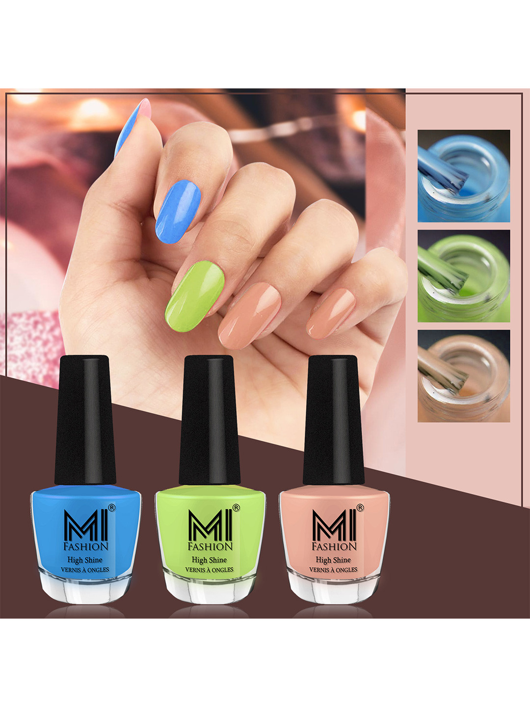 MI FASHION Vernis A Ongles Bang On Shine Pack Of 3 Nail Polish 12ml each - Ocean Blue, Parrot Green, Sweet Nude