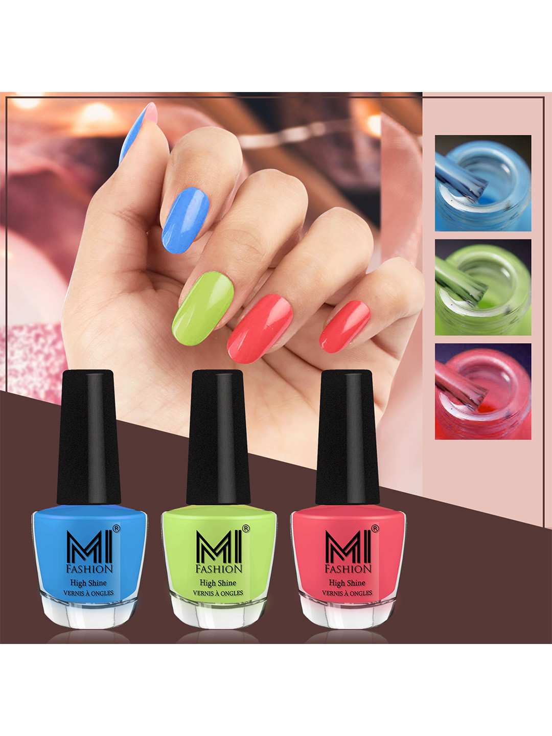 MI FASHION Vernis A Ongles Bang On Shine Pack Of 3 Nail Polish 12ml each - Ocean Blue, Parrot Green, Peach Crush