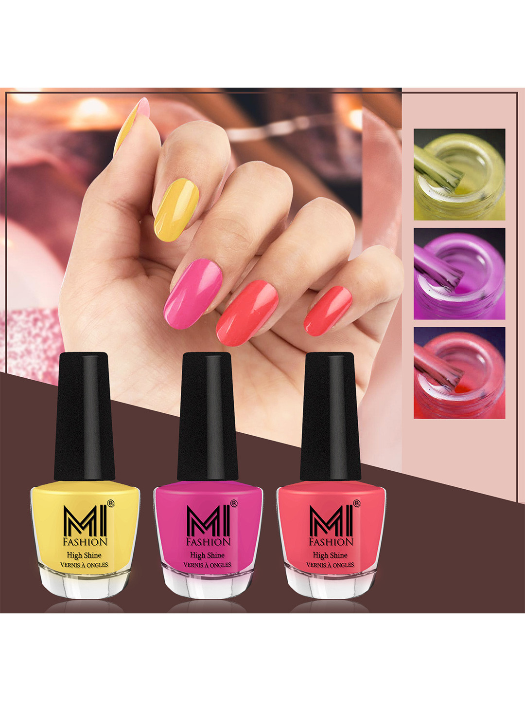 MI FASHION Vernis A Ongles Bang On Shine Pack Of 3 Nail Polish 12ml each - Yellow, Bright Plum, Peach Crush