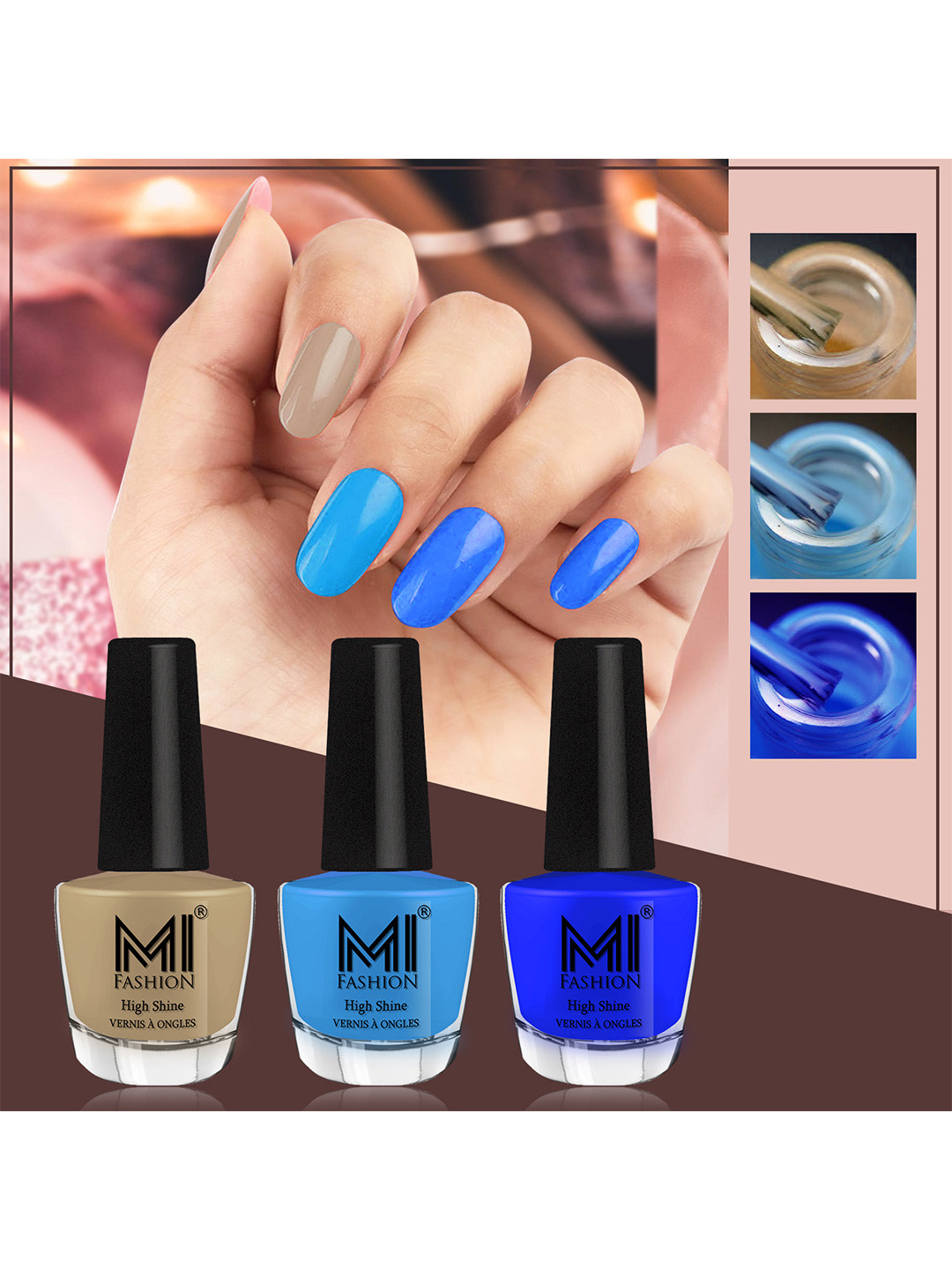 MI FASHION Vernis A Ongles Bang On Shine Pack Of 3 Nail Polish 12ml each - Nude, Ocean Blue, Royal Blue