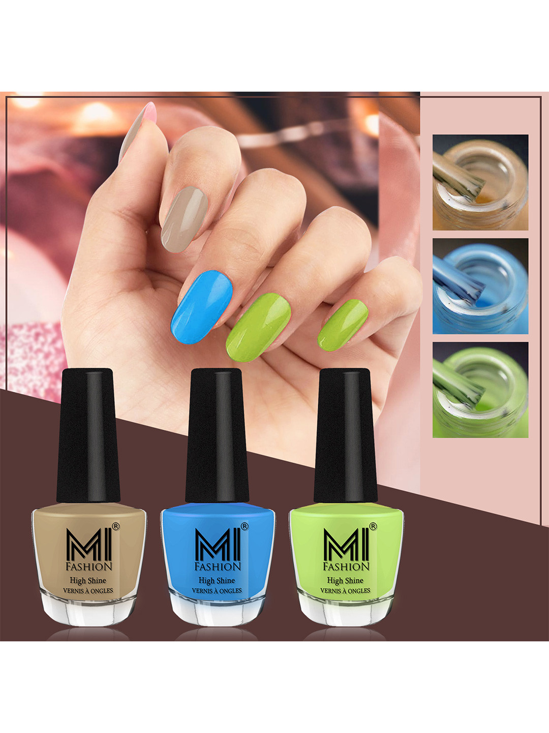 MI FASHION Vernis A Ongles Bang On Shine Pack Of 3 Nail Polish 12ml each - Nude, Ocean Blue, Parrot Green