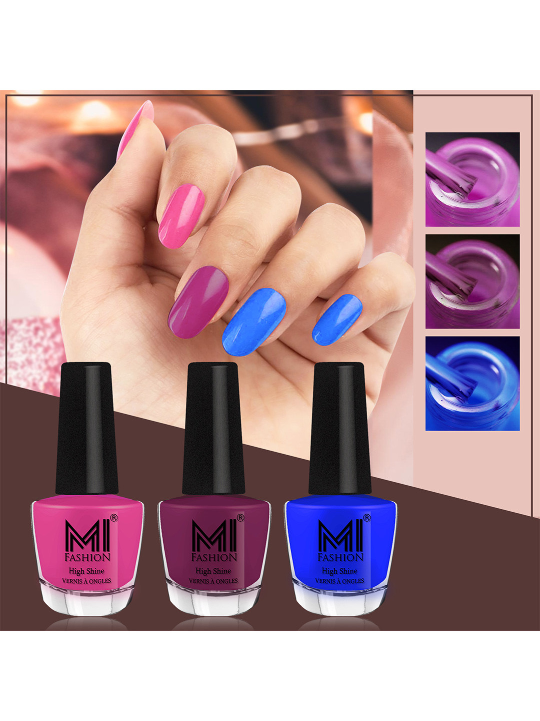 MI FASHION Vernis A Ongles Bang On Shine Pack Of 3 Nail Polish 12ml eachl - Bright Plum, Dark Purple, Royal Blue