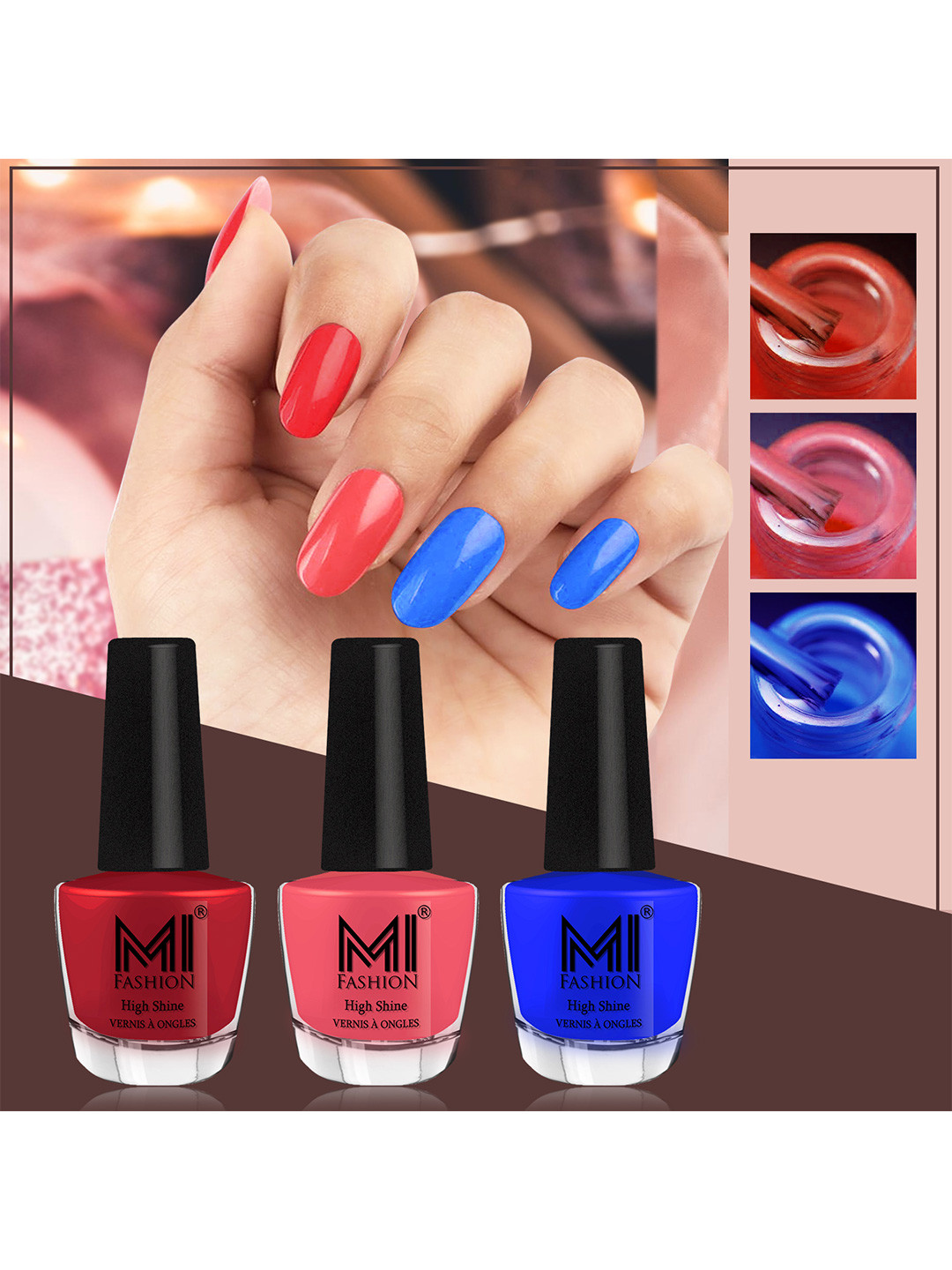 MI FASHION Vernis A Ongles Bang On Shine Pack Of 3 Nail Polish 12ml each - Reddish Maroon, Peach Crush, Royal Blue