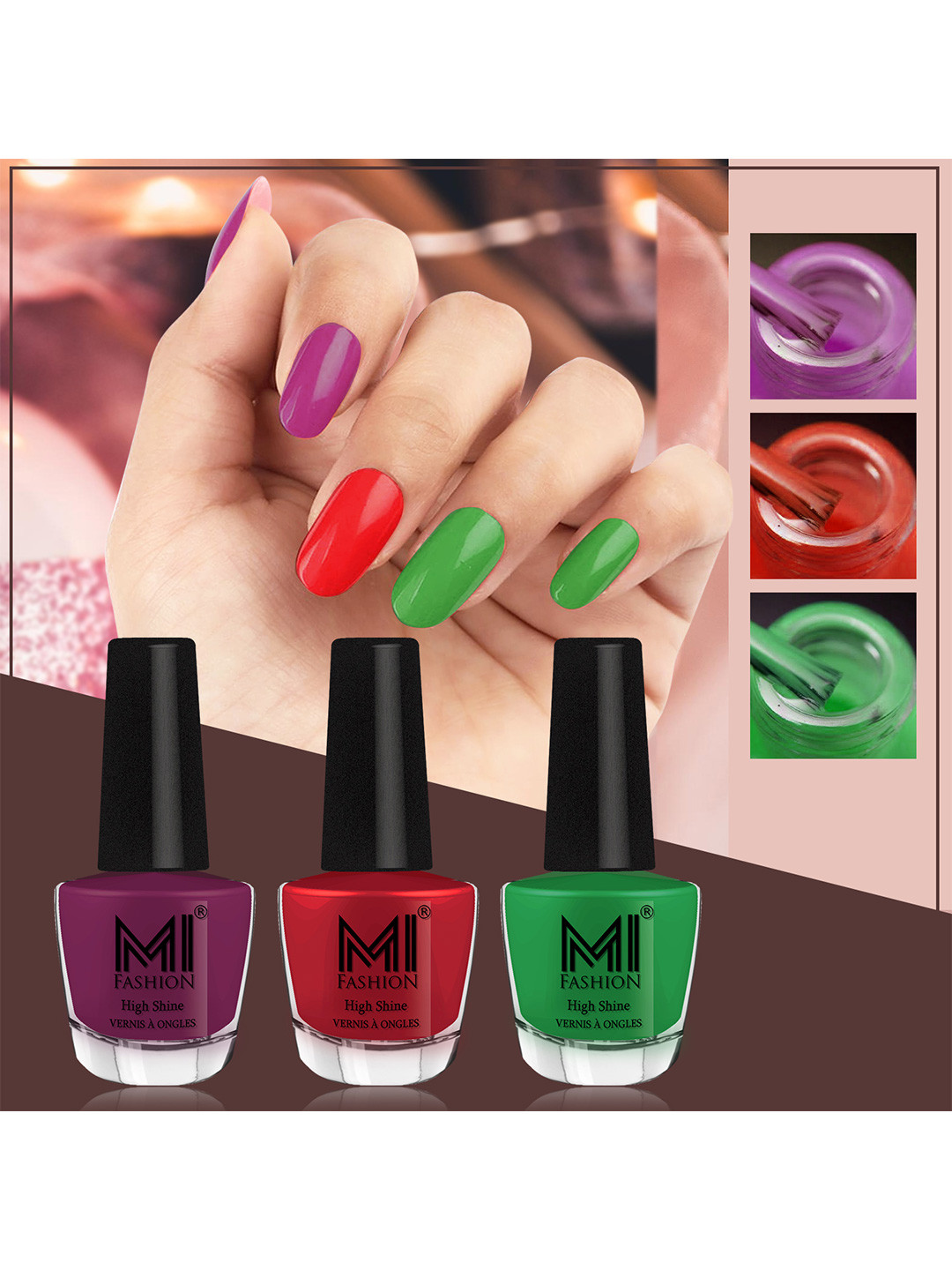 MI FASHION Vernis A Ongles Bang On Shine Pack Of 3 Nail Polish 12ml each - Dark Purple, Reddish Maroon, Grass Green