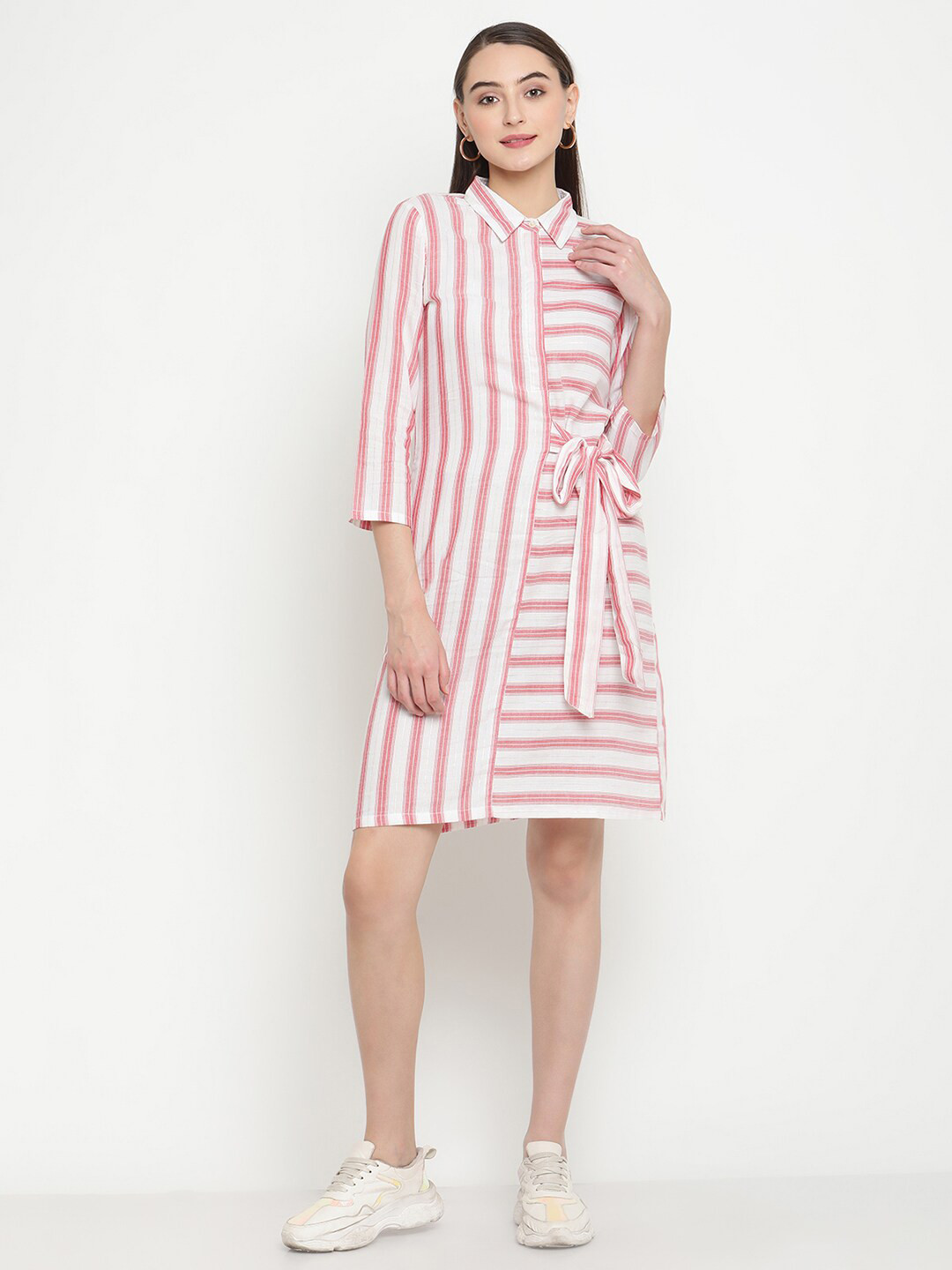 Be Indi White & Pink Striped Shirt Pure Cotton Dress