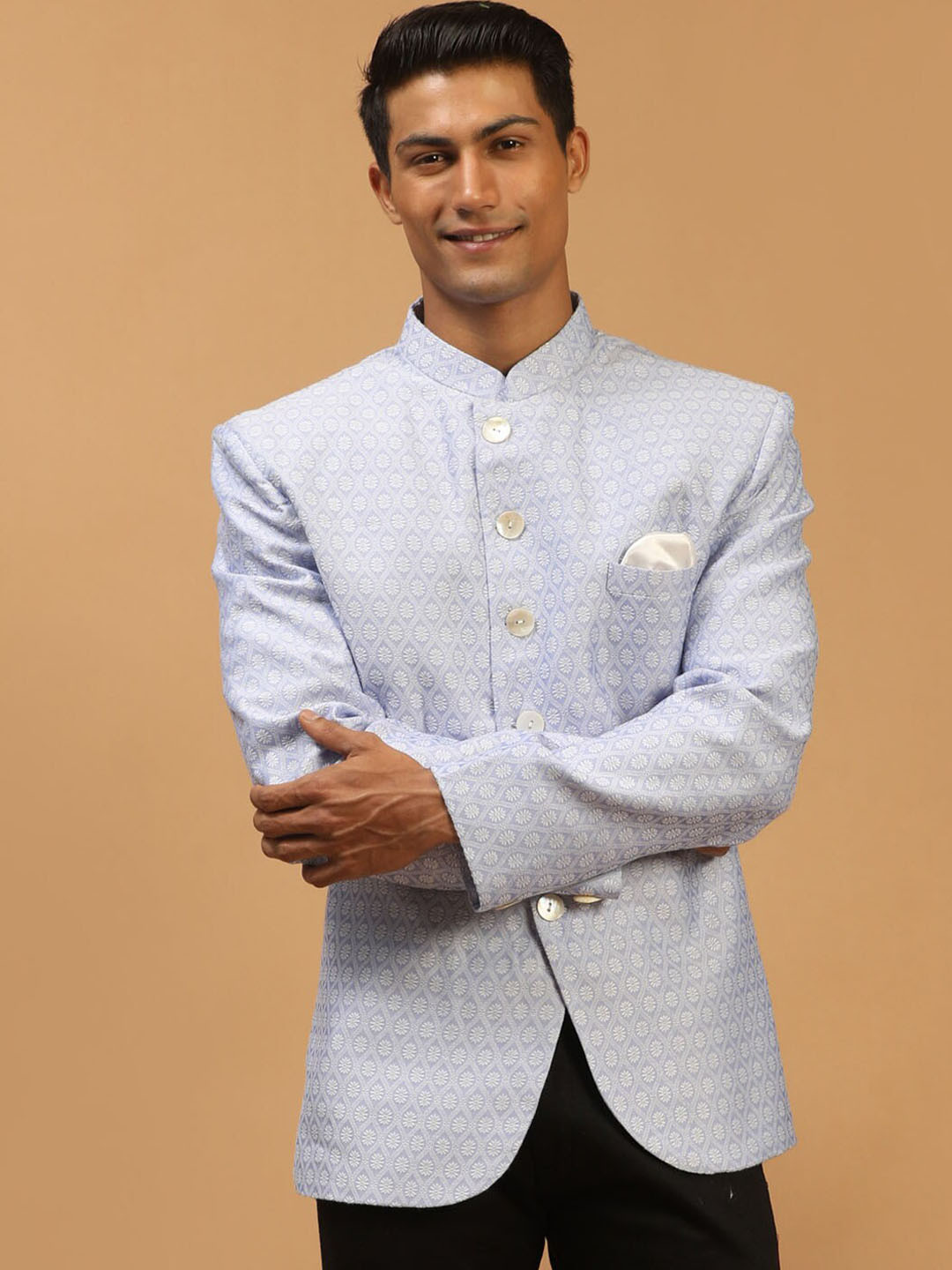 VASTRAMAY Men Lavender Woven Self-Design Bandhgala Jodhpuri Blazer