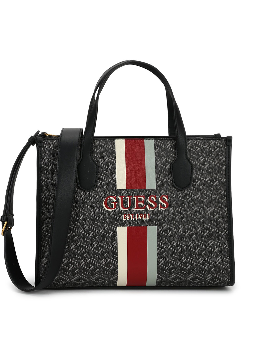 GUESS Black Geometric Printed PU Oversized Structured Handheld Bag