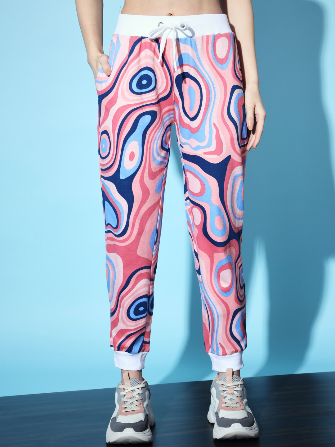 The Dry State Women Pink & Blue Graphic Printed Fleece Joggers