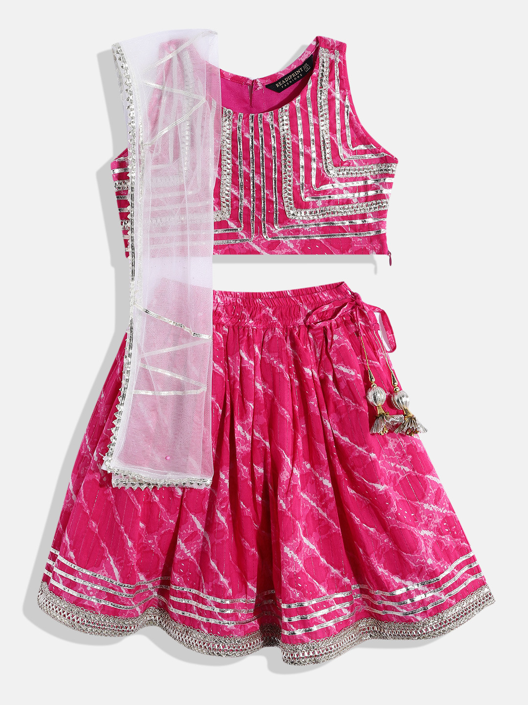 Readiprint Girls Magenta Embellished Tie & Dye Lehenga & Blouse With Dupatta