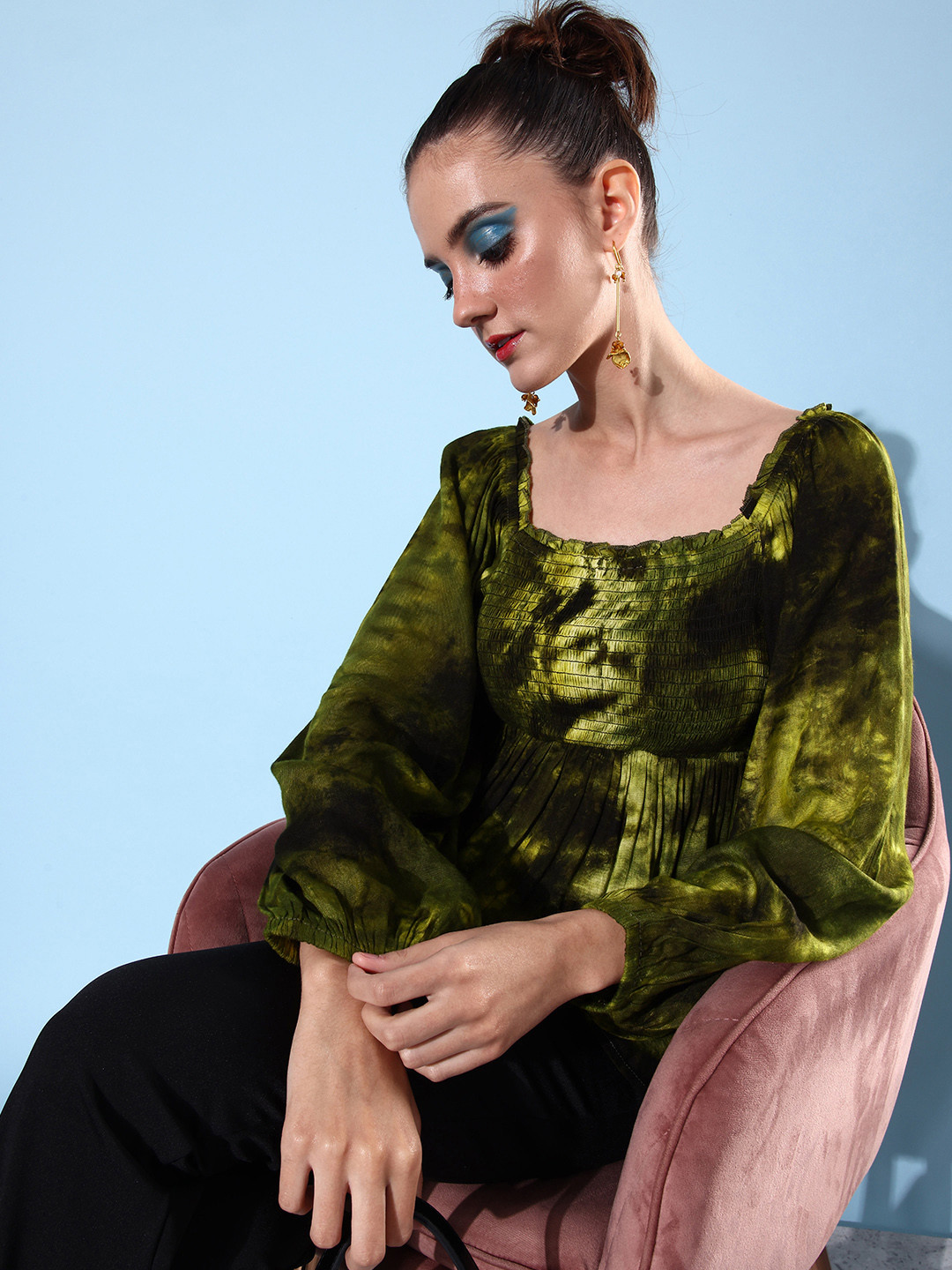 QUIERO Women Green Bishop Sleeves Smocked Peplum Top
