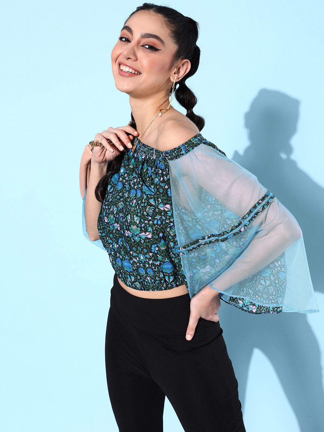 QUIERO Floral Print Off-Shoulder Crepe Bardot Crop Top