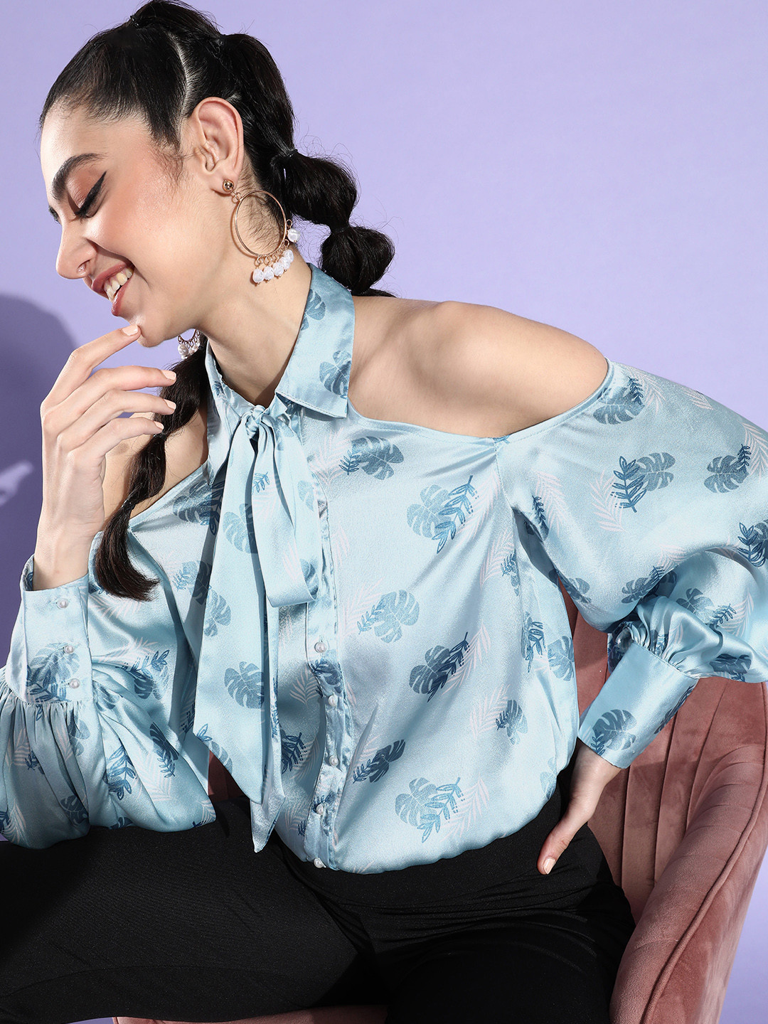 QUIERO Satin Floral Print Cold Shoulder Sleeves Blouson Top