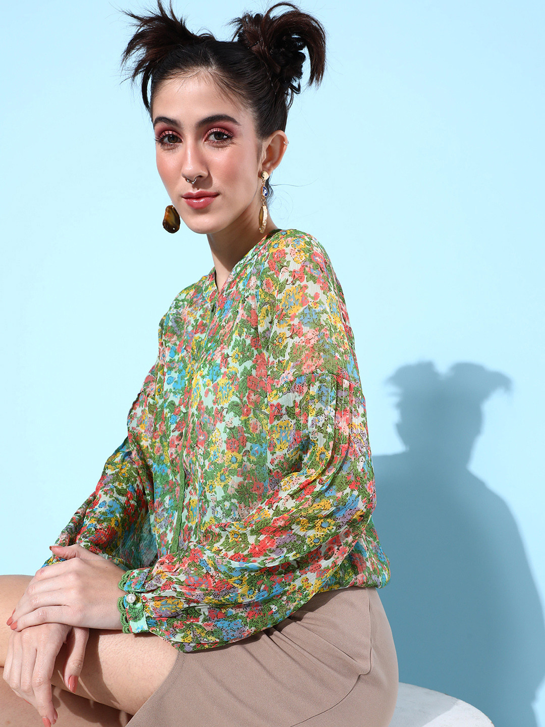 QUIERO Floral Print Mandarin Collar Chiffon Blouson Top with Lace inserts Detail