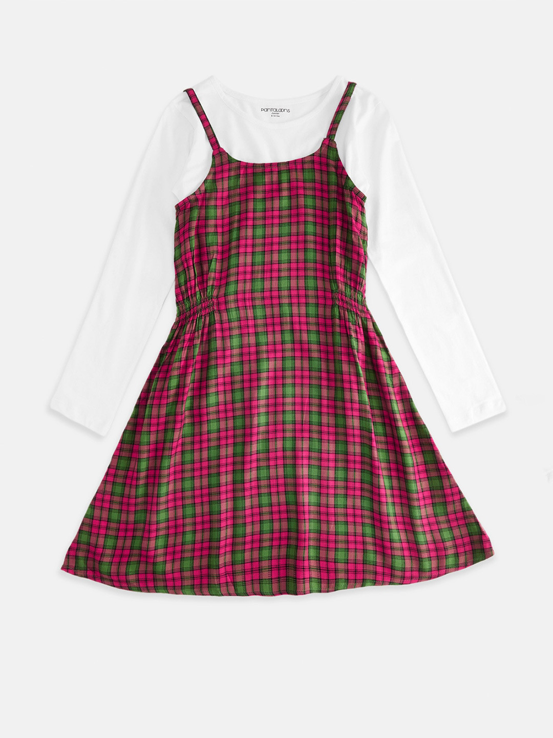Pantaloons Junior Girls Pink & Green Cotton Checked Dress