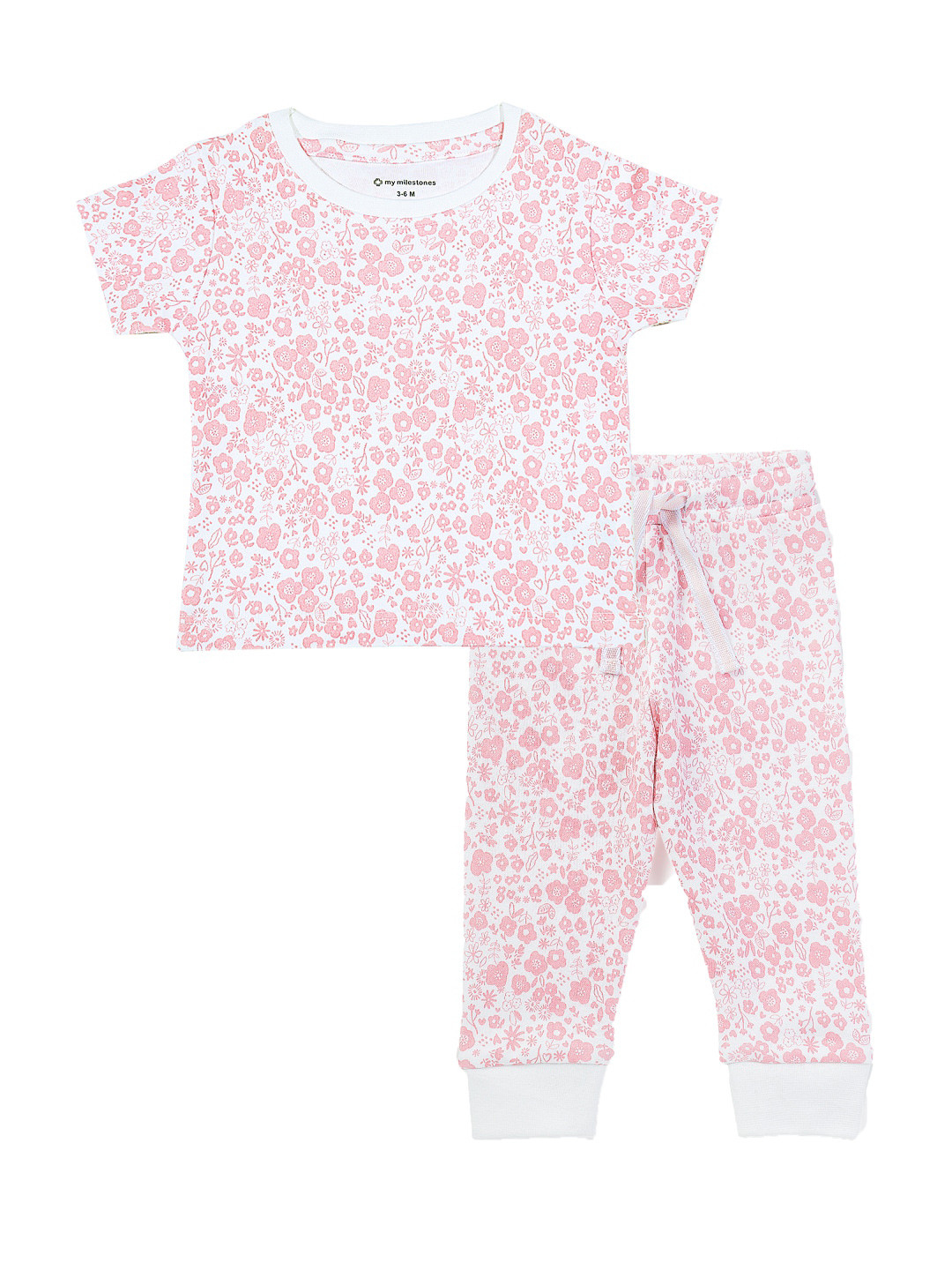 My Milestones Girls Pink & White Printed Pure Cotton T-shirt with Trousers