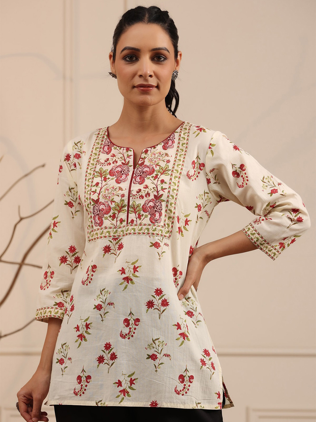 Rain & Rainbow Cream-Coloured & Red Floral Printed Pure Cotton Kurti