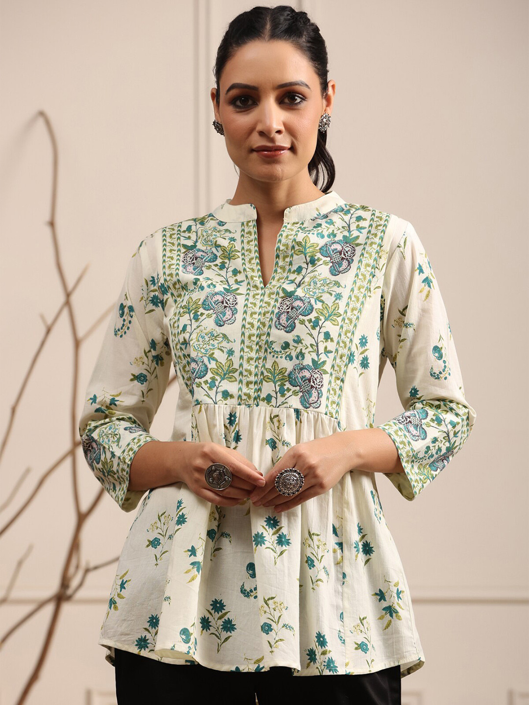 Rain & Rainbow Floral Printed Mandarin Collar Pure Cotton A-Line kurti