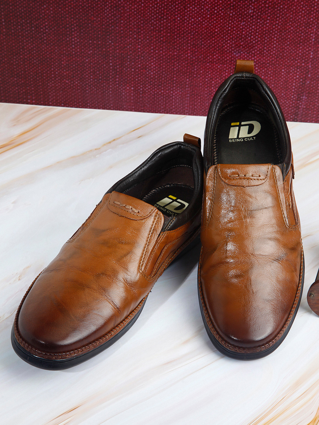 ID Men Tan Brown Leather Slip-On Loafers