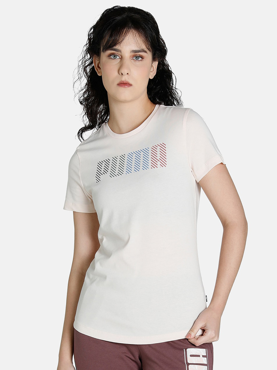 Puma Women Pink Brand Logo Printed Regular Fit Cotton T-shirt