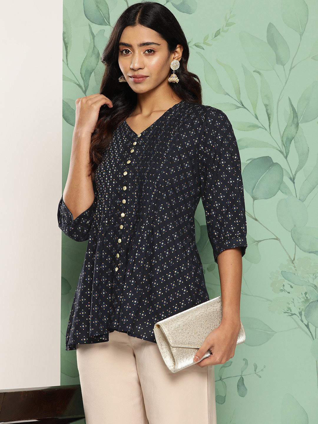 Libas Blue & Beige Geometric Printed V-Neck Pleated Kurti