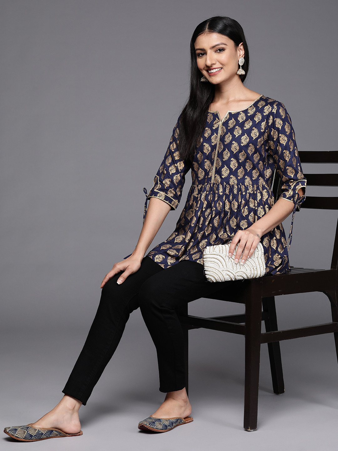 Libas Navy Blue & Golden Ethnic Motif Printed Gotta Patti A-Line Kurti