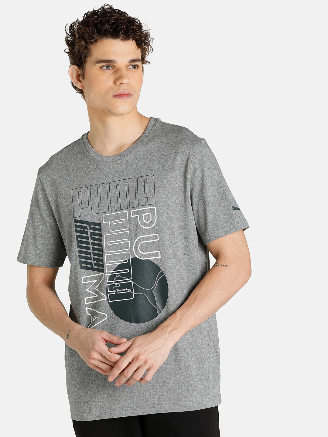 Puma Men Grey Logo Smash Printed Cotton T-shirt