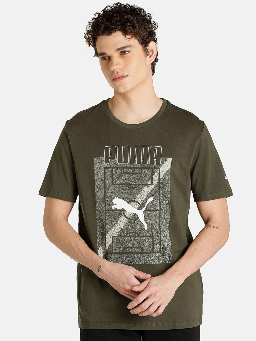 Puma Men Olive Green Photo Pitch Printed Cotton T-shirt