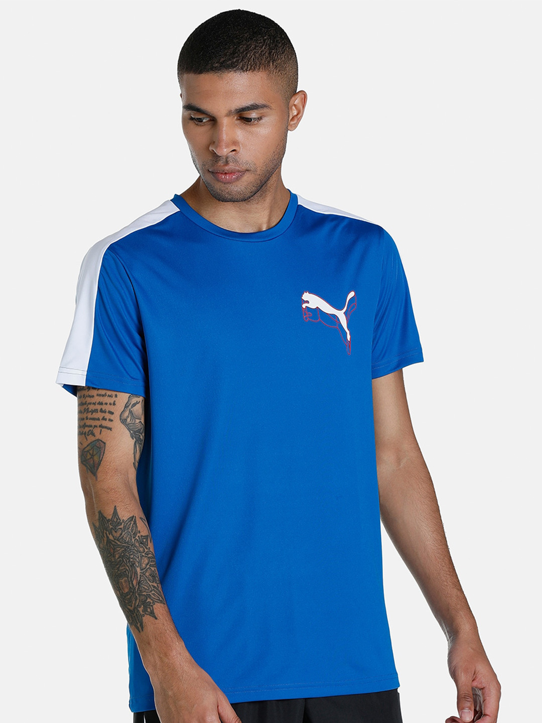 Puma Men Blue & White CR Colourblocked Slim Fit T-shirt