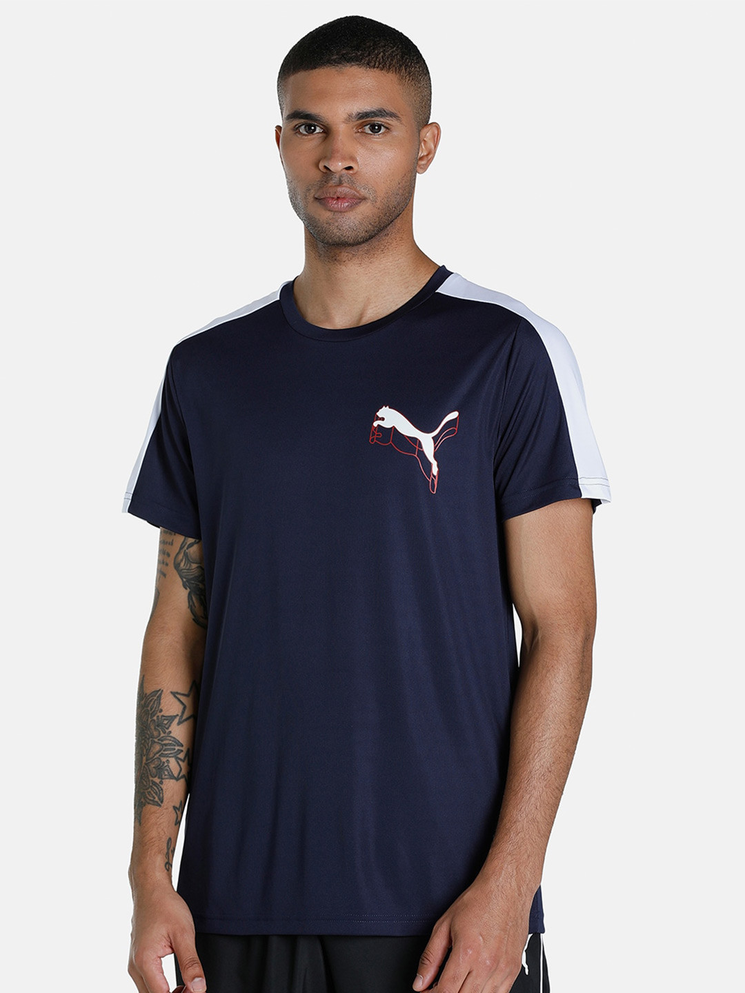 Puma Men Navy Blue & White CR Colourblocked Slim Fit T-shirt