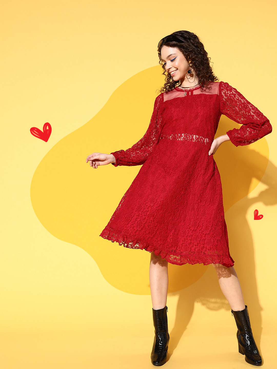 Antheaa Red Net Laced A-Line Dress