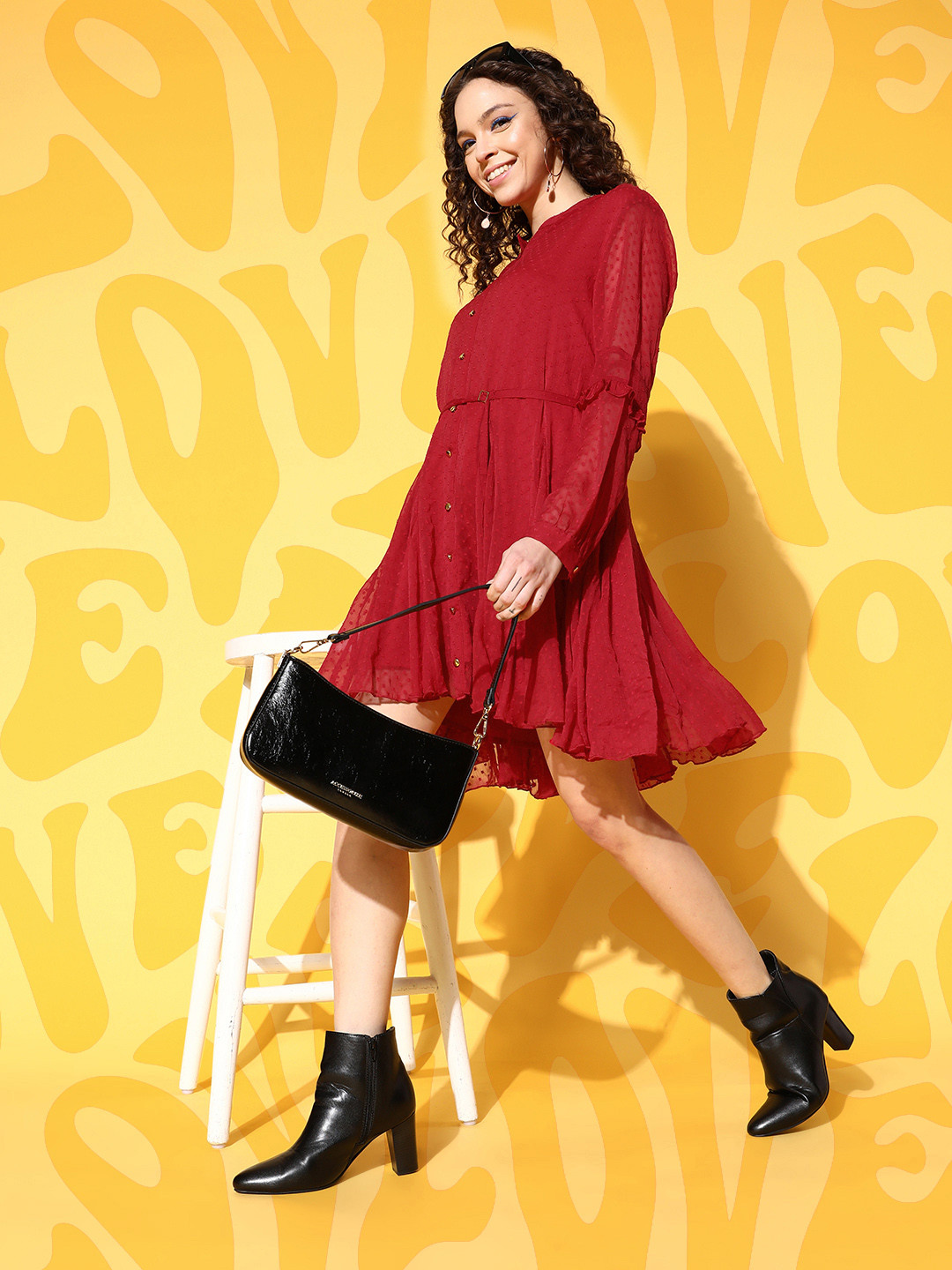 Antheaa Red Chiffon A-Line Dress