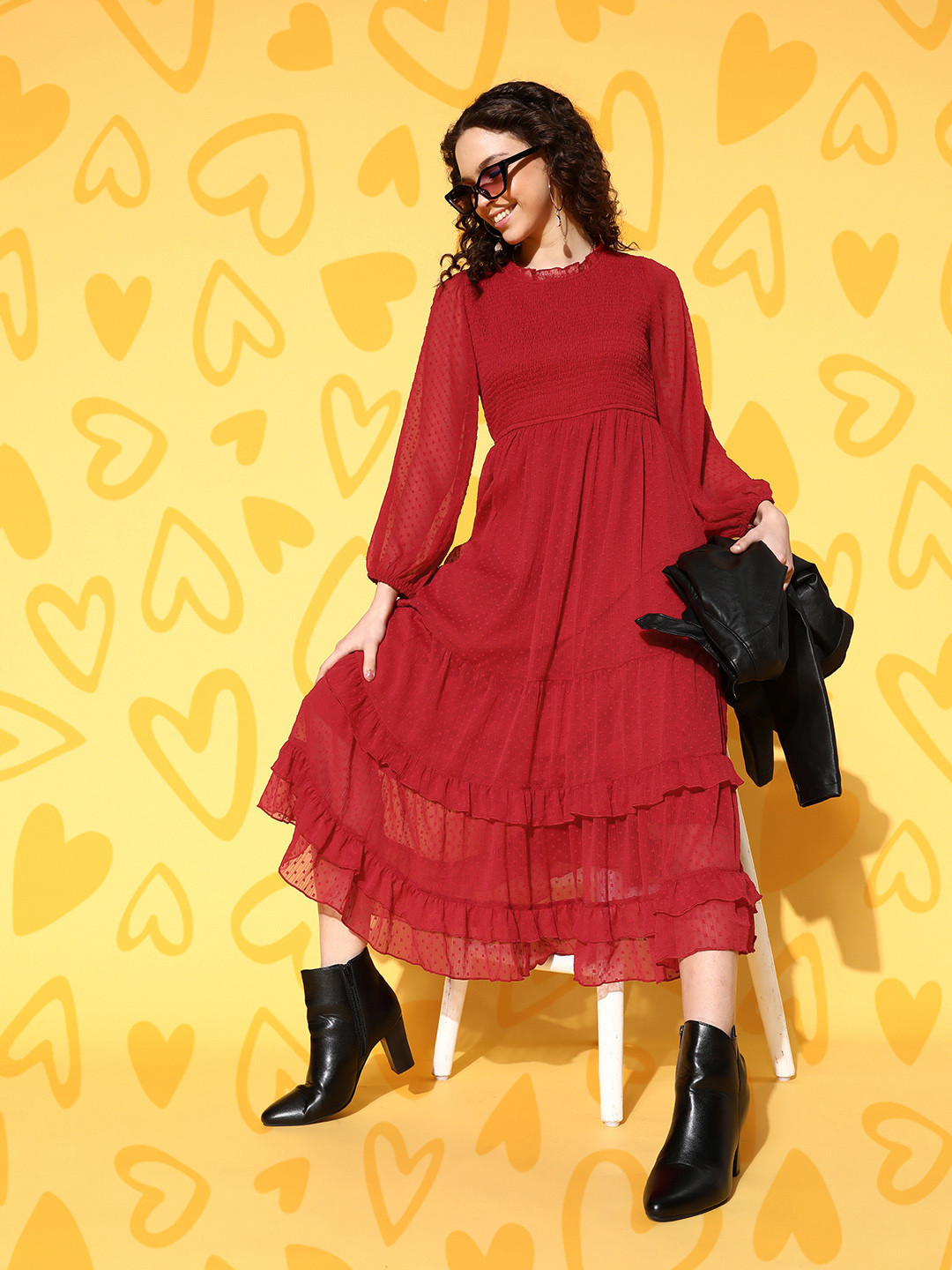 Antheaa Red Chiffon A-Line Midi Dress