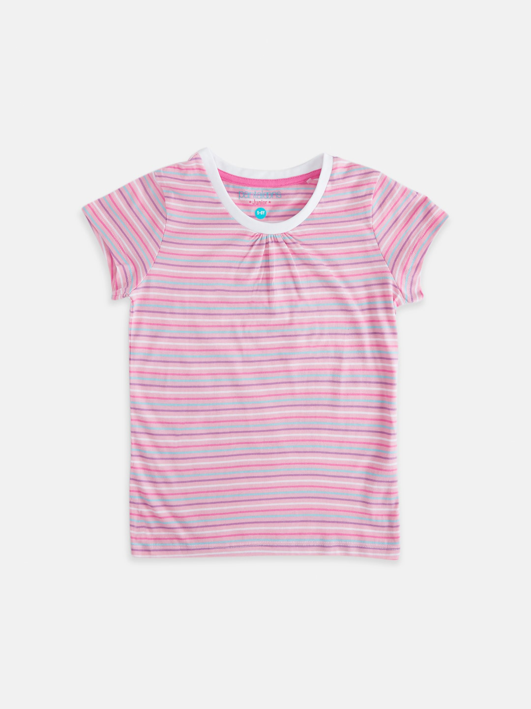 Pantaloons Junior Girls Pink & Blue Striped Cotton T-shirt