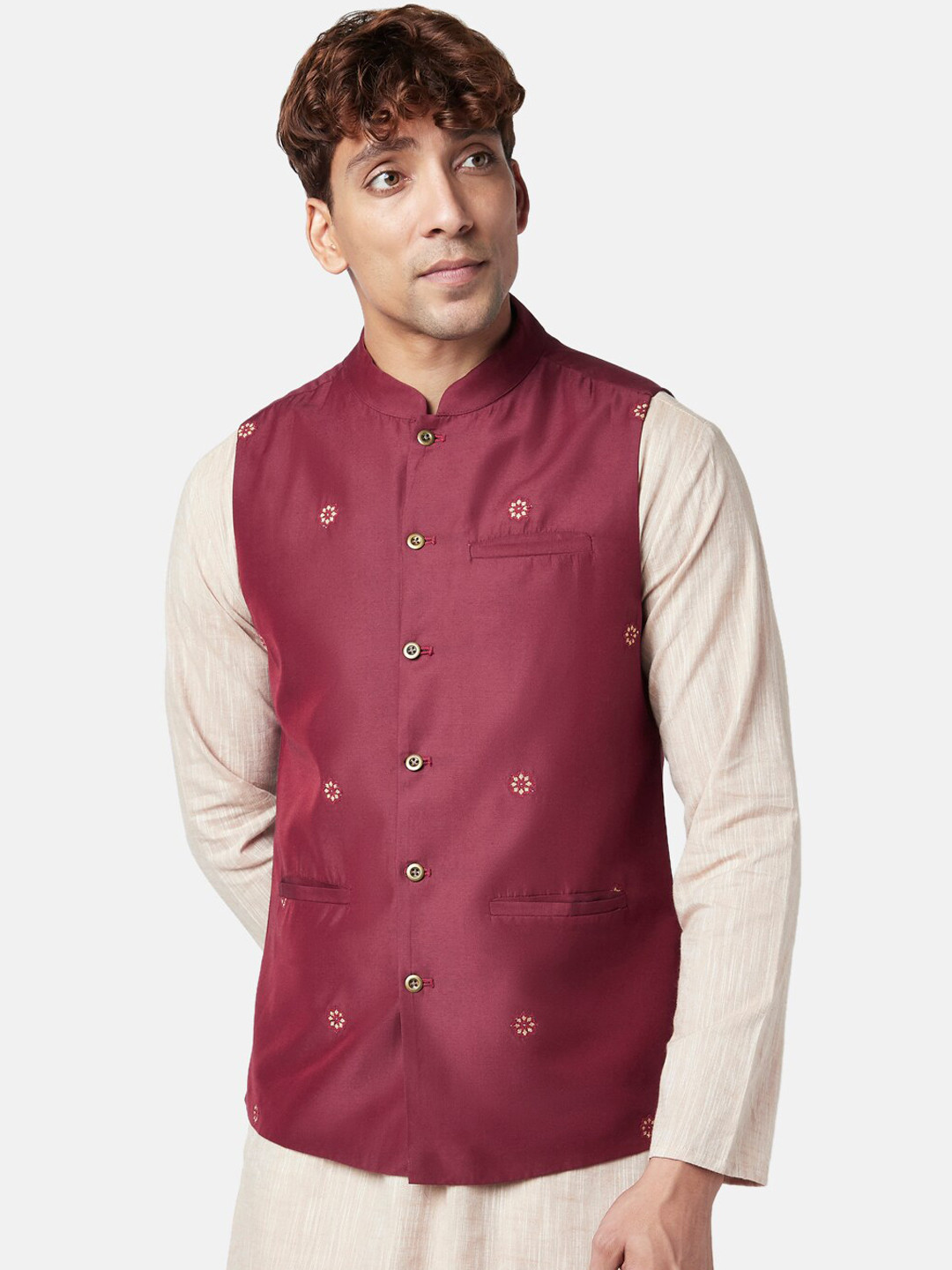 indus route by Pantaloons Men Maroon Embroidered Nehru Jacket